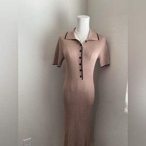 Elegant Tan Ribbed Sweater Dress